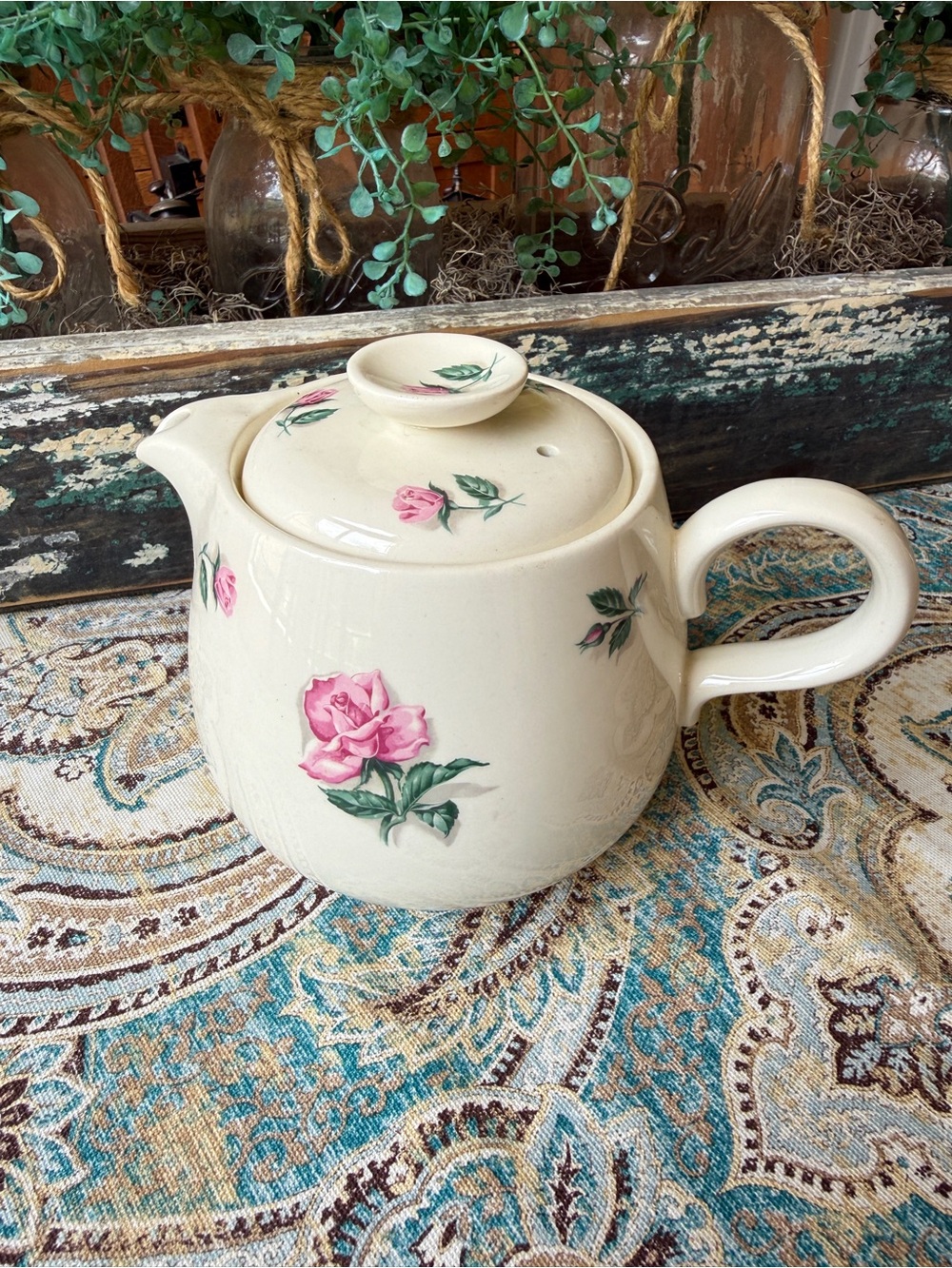 Homer Laughlin Rhythm Rose Teapot Pink Roses Embossed Ivory Pottery Vintage